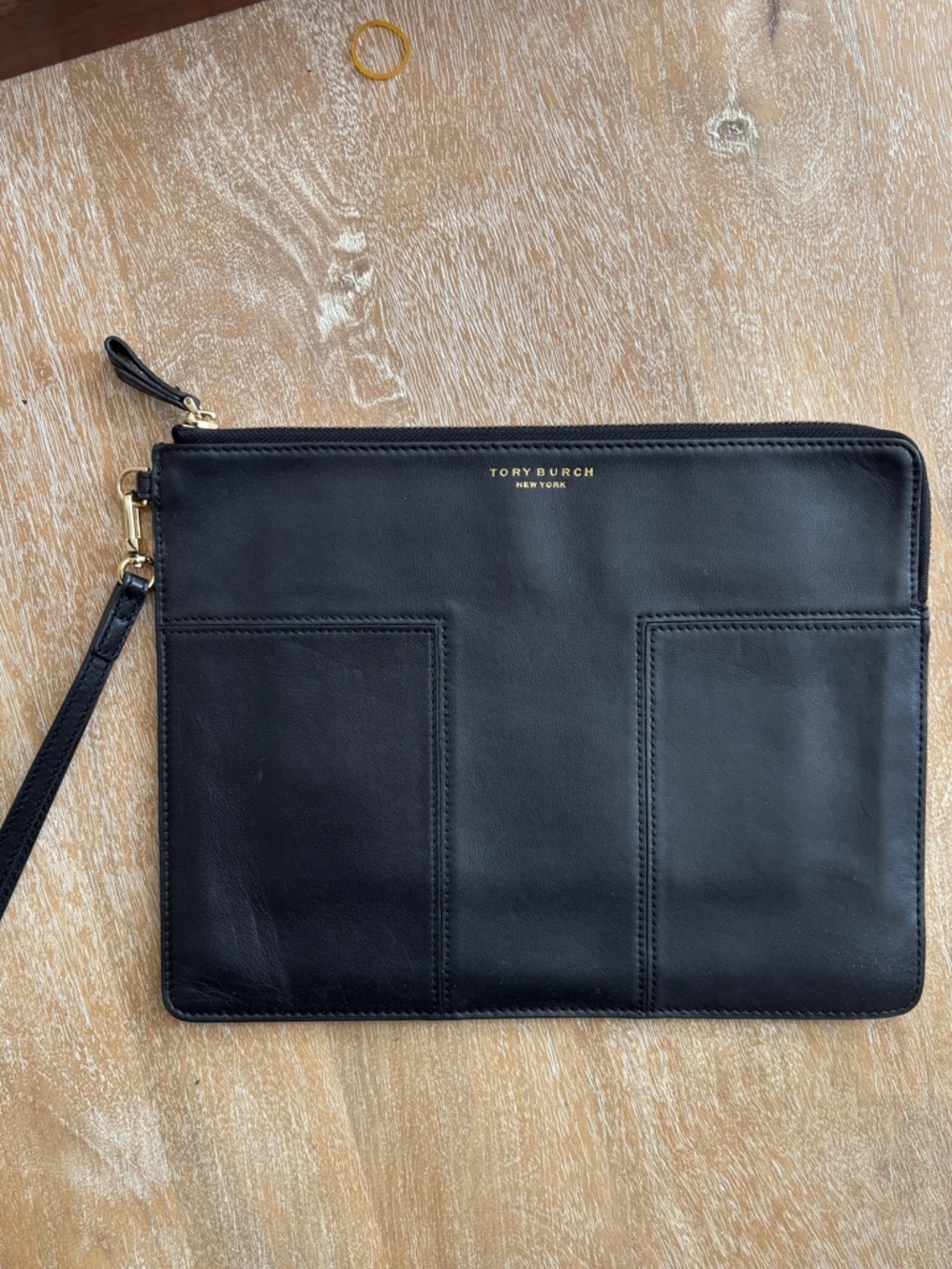 Tory Burch Black Leather Wristlet Pouch with Gold Logo